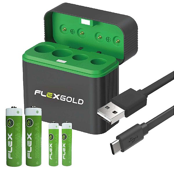 Carregador De Pilhas Usb C C/ Indicador + Pilhas 2AA e 2AAA