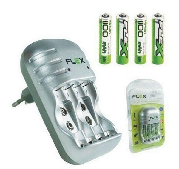 Carregador De Pilhas AAA AA E 9V Flex Com 4 AAA Led Bivolt