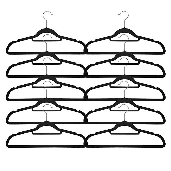 Kit 10 Cabides Revestido Em Veludo Leve Antideslizante Preto