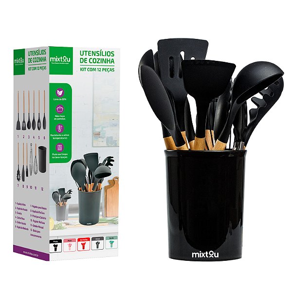 Kit 12 Espátulas Concha Pegador Silicone Cozinha Preto