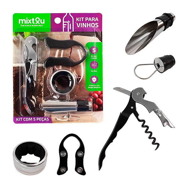 Kit Acessórios Vinho Abridor Saca Rolha 5 Peças Inoxidável