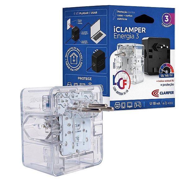 Tomada T iClamper 3 Pinos LCF DPS 3 Tomadas 10A Transparente