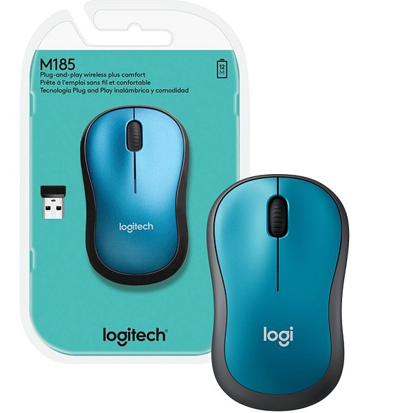 Mouse Sem Fio Wireless Logitech M185 Office Azul Confortável