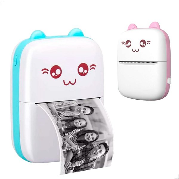 Mini Impressora Térmica Portátil Gatinho Bluetooth Azul