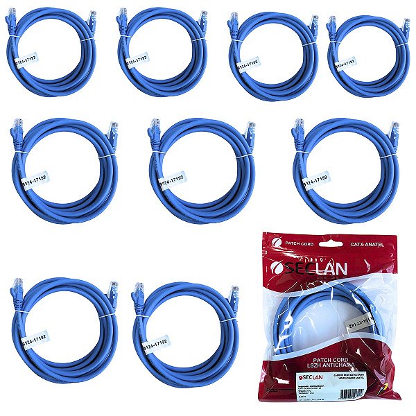 Kit 10 Cabo De Rede 2,5M Cat6 24Awg 568B Azul Anatel Seclan