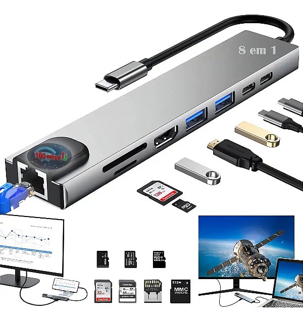 Hub Adaptador Usb Tipo C 8 em 1 Hdmi Rede USB Leitor Cartões