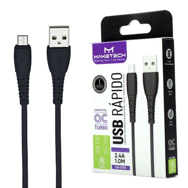 Cabo Micro USB CA-127A Emborrachado 1m Preto Maketech