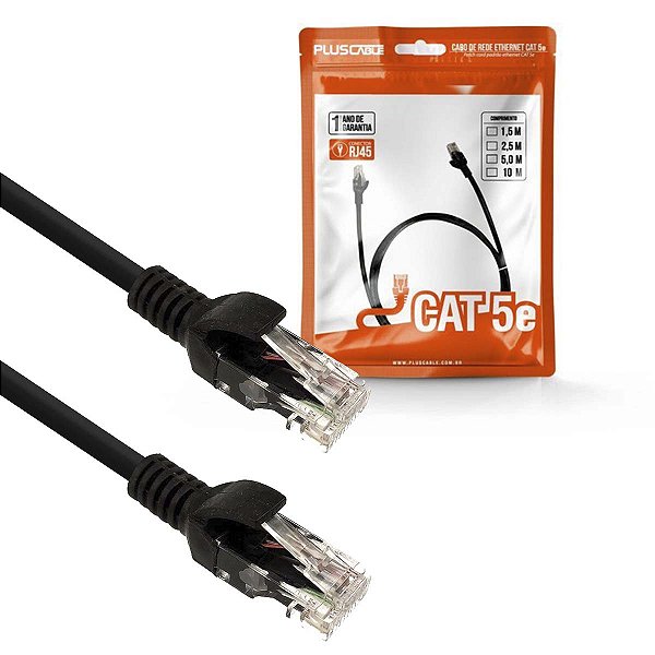 Cabo de Rede Patch Cord Cat5e 5m Preto Gigabit Plus Cable