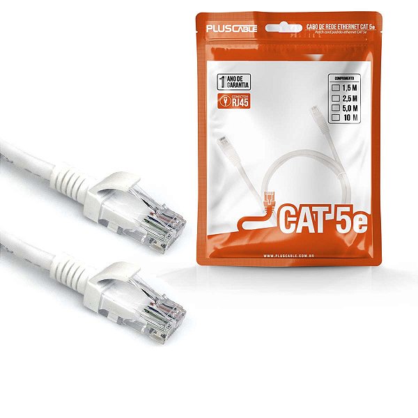 Cabo De Rede Patch Cord Cat.5E 5m Branco Gigabit Plus Cable