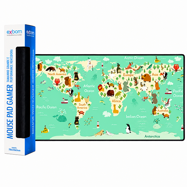 Mouse Pad Gamer Speed Extra Grande 70x35xcm Mapa Animais