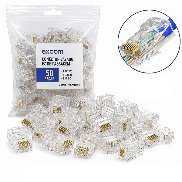 Kit 50 Conector Cabo De Rede EzRj45 Vazado Passagem Cat5e/6