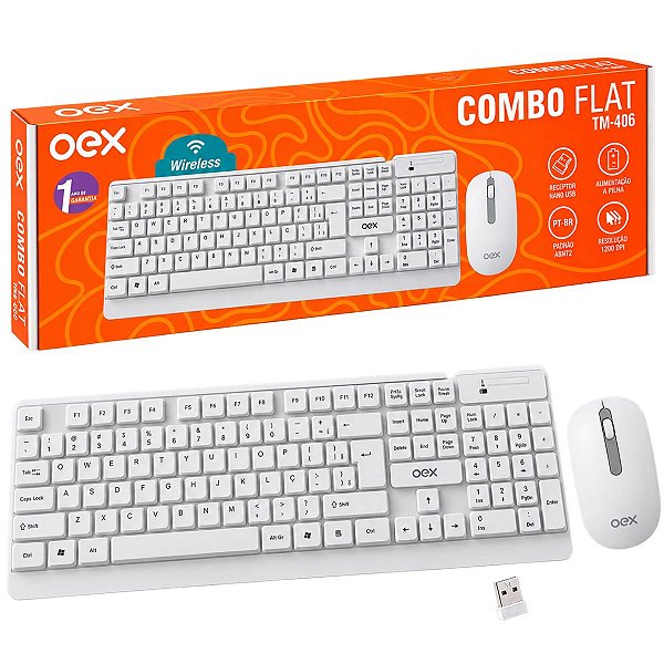 Kit Combo Teclado e Mouse Sem Fio Oex TM-406 Flat Branco