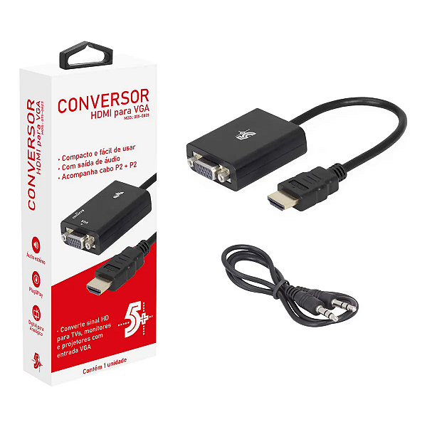 Adaptador Conversor HDMI Para VGA 20cm Com Áudio P2 Pix
