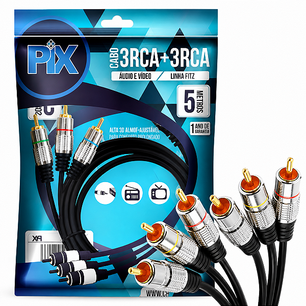 Cabo RCA 3 + 3 RCA Audio Video Plug Metal 5 Metros 018-0752