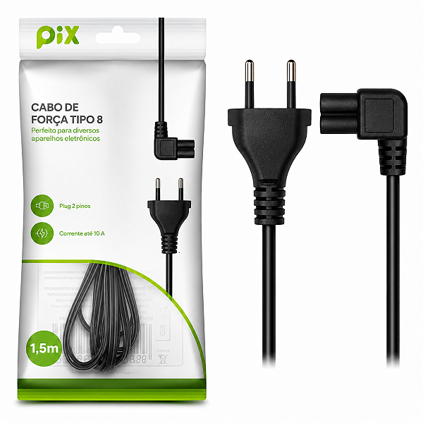 Cabo de Força Bipolar Pix 90 Graus Note PS3 PS4 PS5 Tv 1,5m