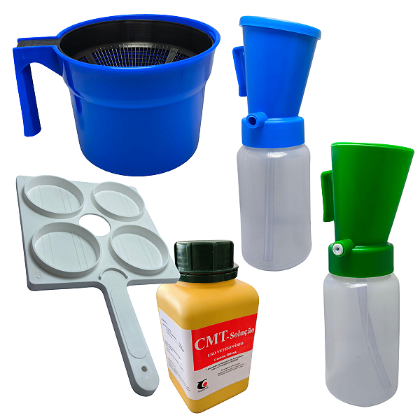 Kit Teste Mastite Solução CMT Caneca Fundo Preto Raquete Copo Desinfetar Úbere Vaca Ordenha