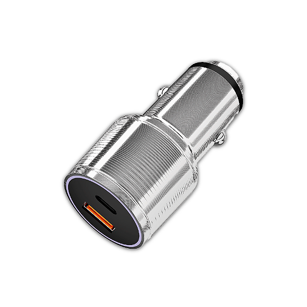 Carregador Veicular UP Electronics com Entradas USB e USB-C, Carregamento Rápido, Compatível com Smartphones e Tablets – Prata