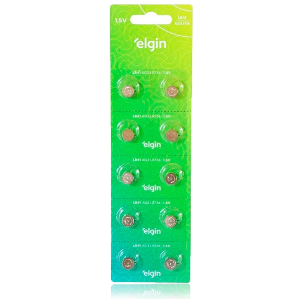 Bateria Alcalina Elgin LR41, LR736, AG3 1,5v blister com 10 unidades