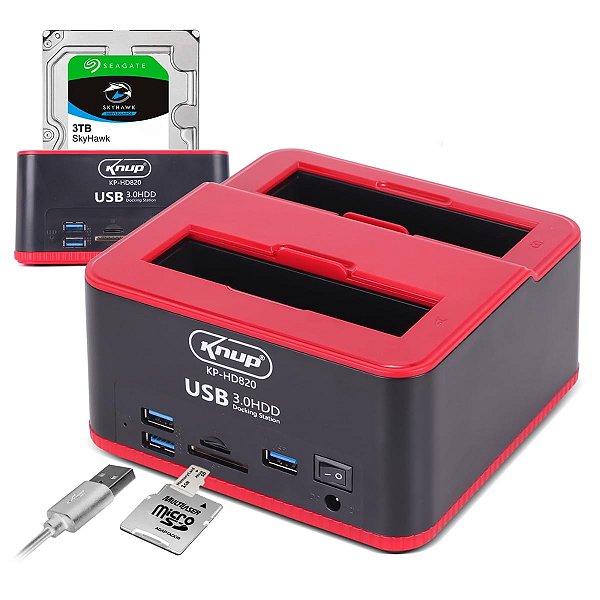 Dock Station 2 HD Sata 2,5 e 3,5 Base Case Entradas 2 USB 3.0 Leitor de Pendrives Cartão SD e TF para Backup Leitura Clo