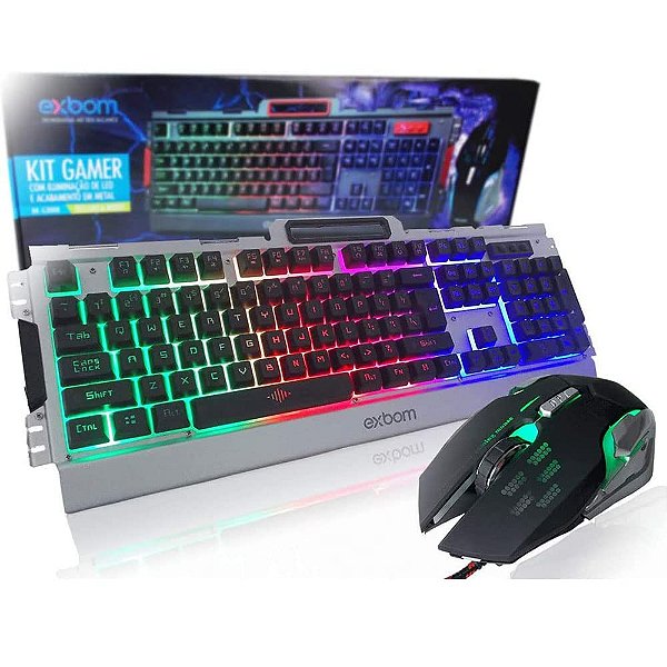 Kit Teclado Semi Mecânico Mouse Gamer Usb Abnt2 Iluminado Led Rgb Metal Exbom BK-G3000 Prata