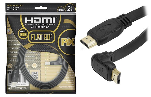 PIX Cabo Hdmi 2.0 90 Graus 4K Hdr 19P 2M Pix Flat Gold, Preto