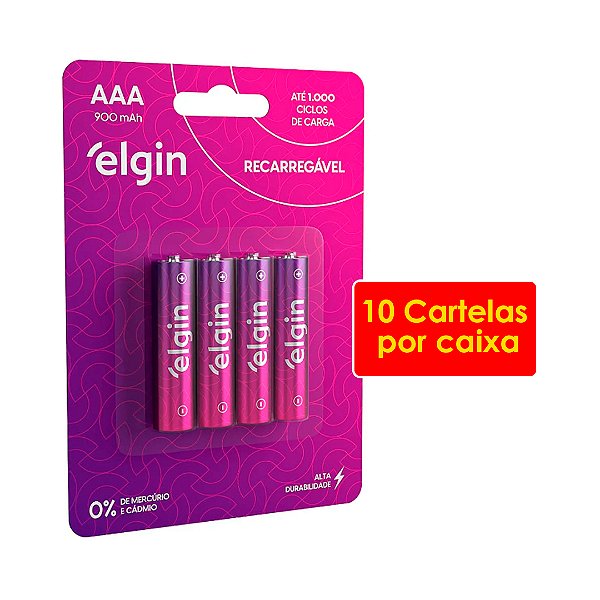 Kit 10 Blisters Pilha recarregável AAA 900mAh Elgin com 4 unidades Palito