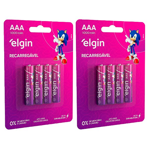 8 Pilhas Elgin AAA 1000mah Recarregável 2 Cartelas C/ 4 Unidades