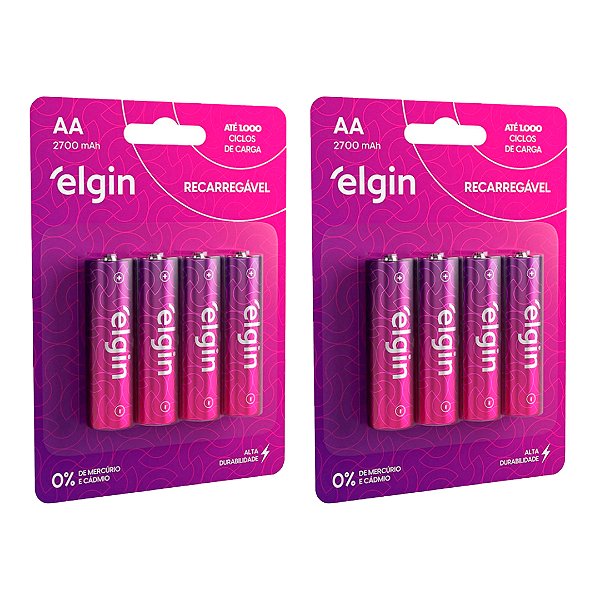 KIT 8 Pilha Recarregavel AA Elgin 2700mAh Pequena Blister com 4 Unidades