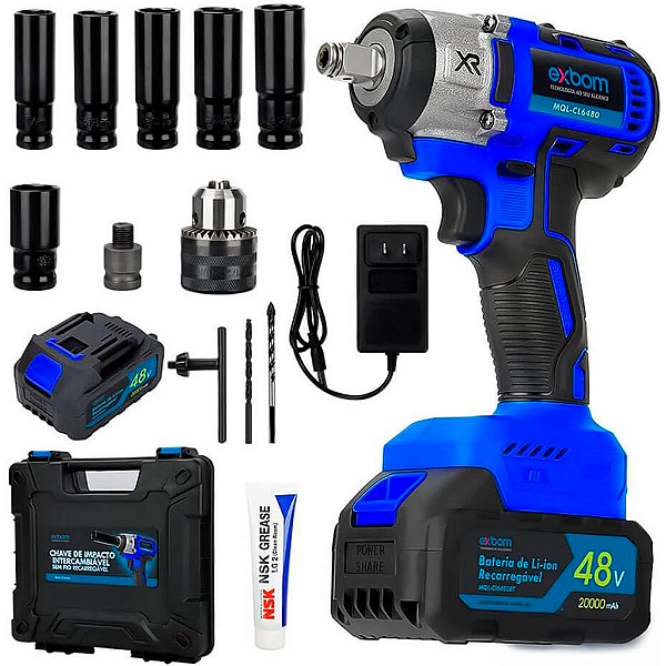Parafusadeira e Furadeira de Impacto Exbom MQL-CI6480 1/2" Recarregável com 2 Baterias