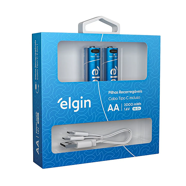 Pilha AA Comum Recarregável Elgin - USB-C Integrado 2 Unidades