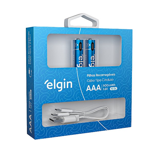 Pilha AAA Palito Recarregável Elgin - USB-C Integrado 2 Unidades