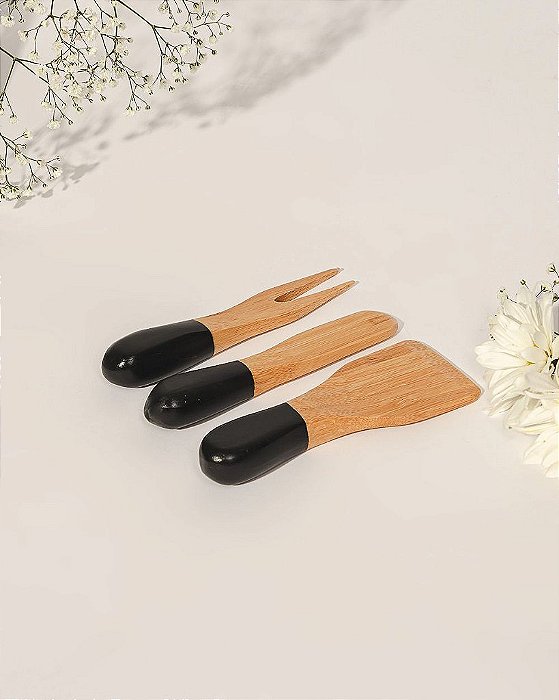 Utensilios de Queijo Bambu Preto 3 Peças