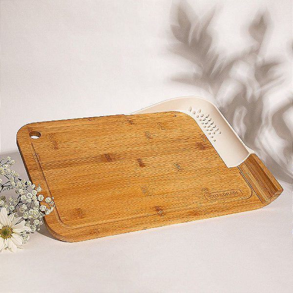 Tábua Bambu com Escorredor Branco