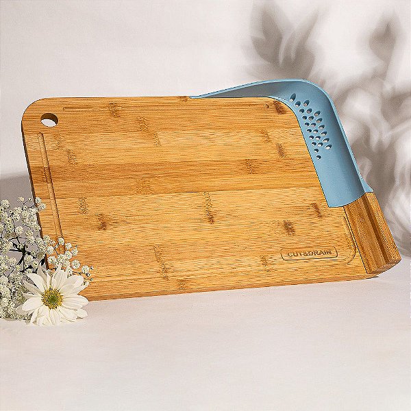 Tábua Bambu com Escorredor Azul