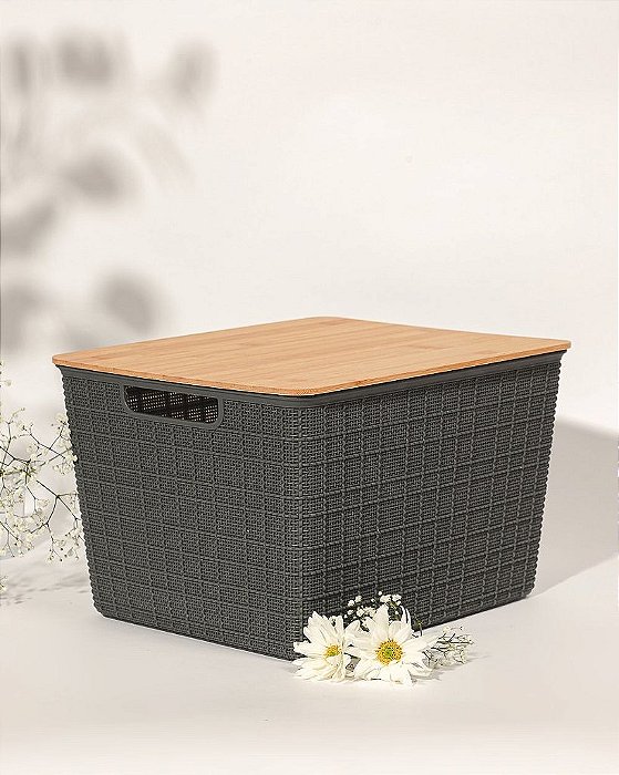 Caixa Organizadora Tampa Bambu Cinza 18l