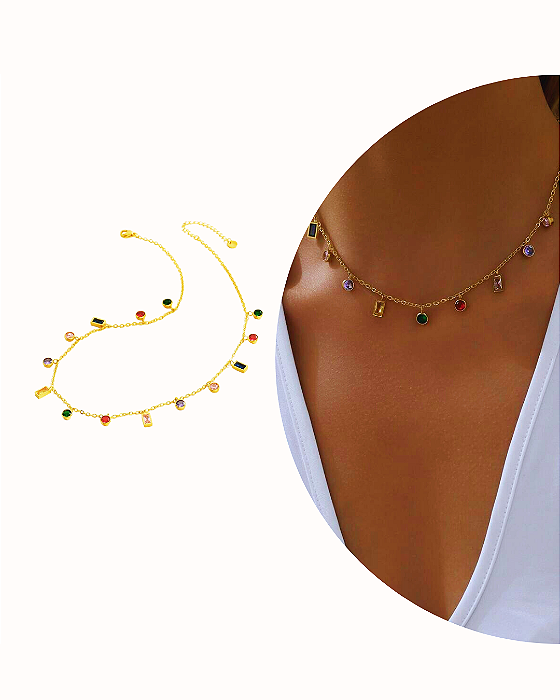 COLAR DOURADO COM CRISTAIS COLORS