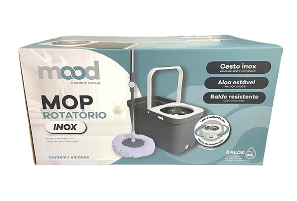 CONJUNTO MOP ROTATORIO RETANGULAR (BALDE 20L C/CESTO INOX E 1 REFIS) CINZA/BRANCO - MOOD REF.:59123