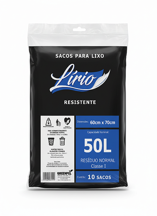 SACO P/LIXO 50LT (60x70x0,065) PRETO LIRIO PCT C/10 UND REF.:7294