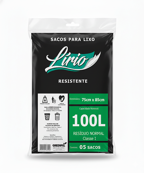 SACO P/LIXO 100LT (75x85x0,065) PRETO LIRIO PCT C/05UND REF.:7292