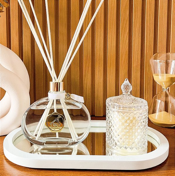 Kit Difusor de varetas com vela e bandeja Linha White c/Dourado
