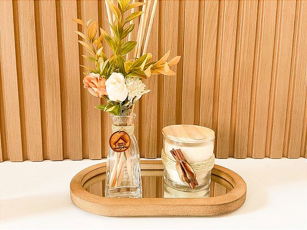 Kit Difusor Floral Terracota + Bandeja Oval + Vela Aromática Rustica Maça e Canela.