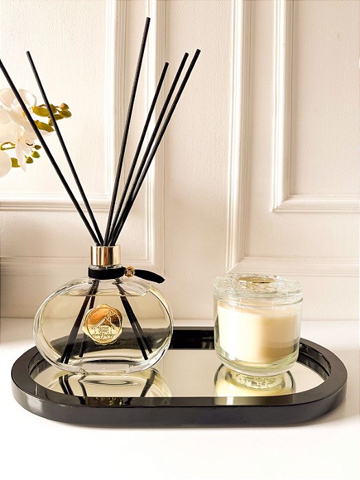 Kit Difusor Black 300ml + Vela Luxo Vanilla Home + Bandeja Oval Preta G