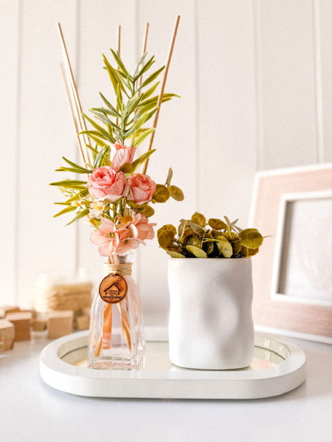 Kit Difusor Jardim Rosê P+ Vaso Cachepô Branco s/ Bandeja