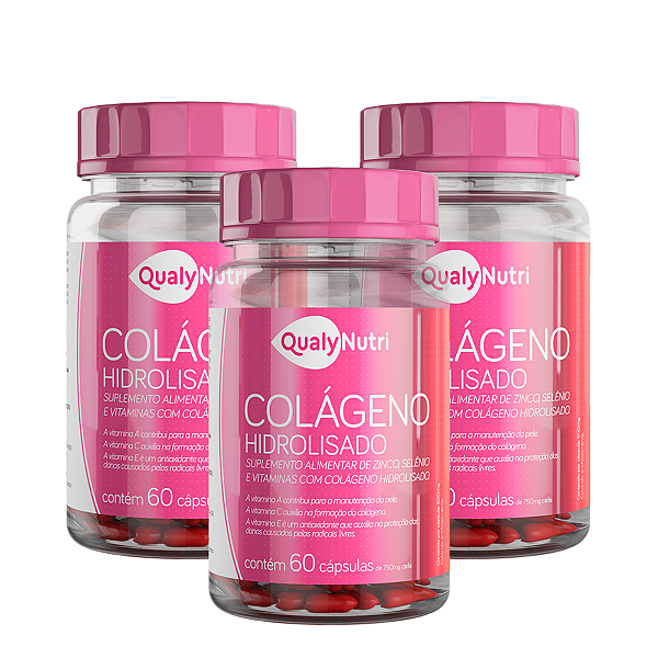 Kit 3 Colágeno Hidrolisado 60 Cáps Zinco Selênio e Vitaminas