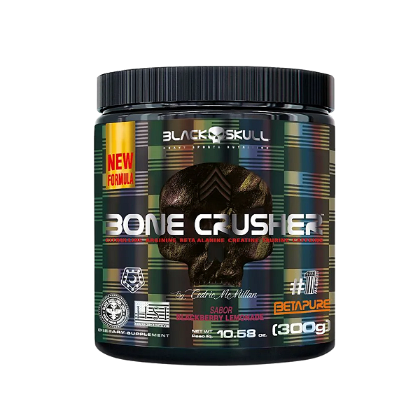 Pré-Treino Bone Crusher Nova Fórmula 300g Black Skull Sabor BlackBerry Lemonade