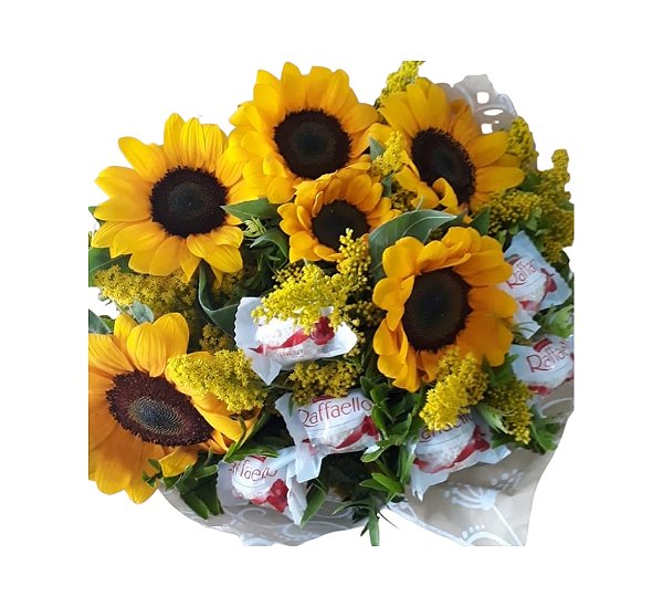 Buquê de Girassol Customizado  com Bombom Rafaello