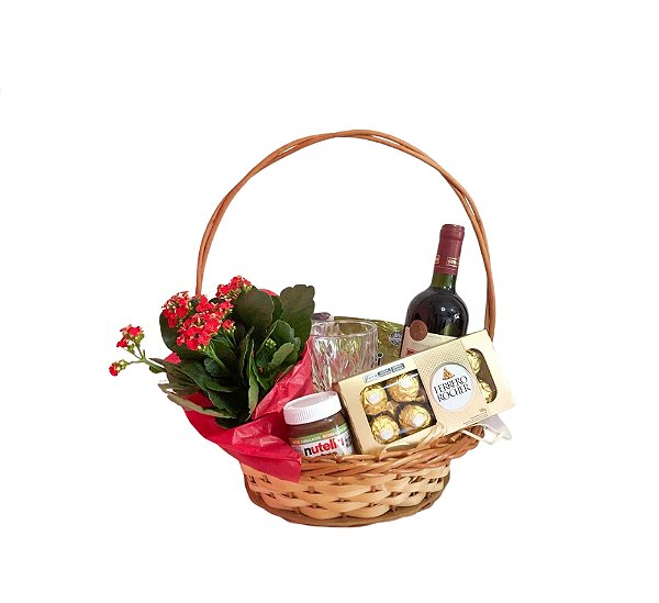 Cesta Com Vinho e Arranjo Floral - Modelo Sabor Florido