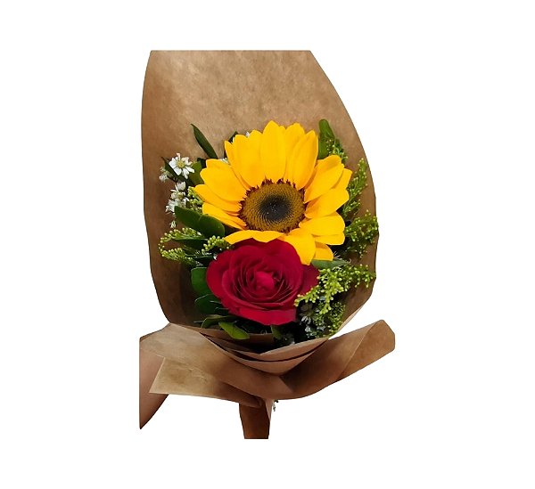 Arranjo Floral (Girassol + Rosa Vermelha) -  Modelo Sol e Paixão