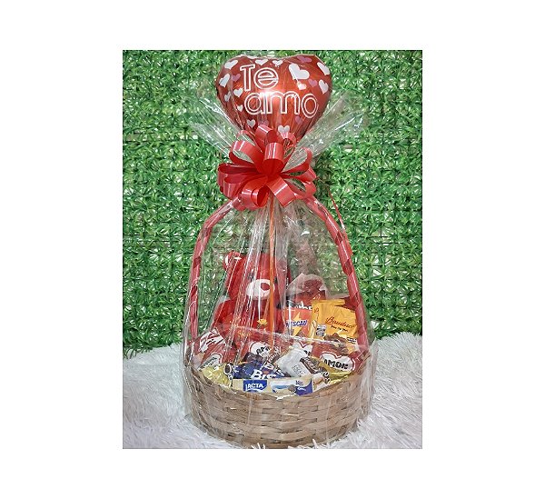 Cesta com Chocolates e Urso de Pelúcia - Modelo Amor Vermelho