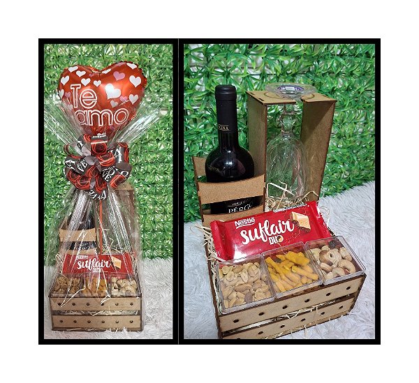 Cesta  com Vinho, Taça e Petisco - Modelo Elegância